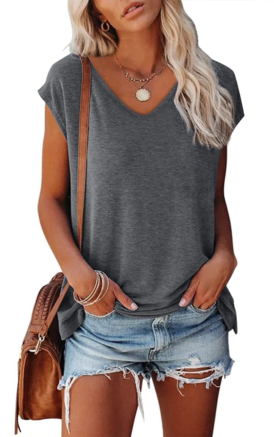 Women's Cap Sleeve V-neck Solid Color Casual Loose-fitting T-shirt - Chic Angle